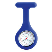 Blue fob watch with a white face on a white background