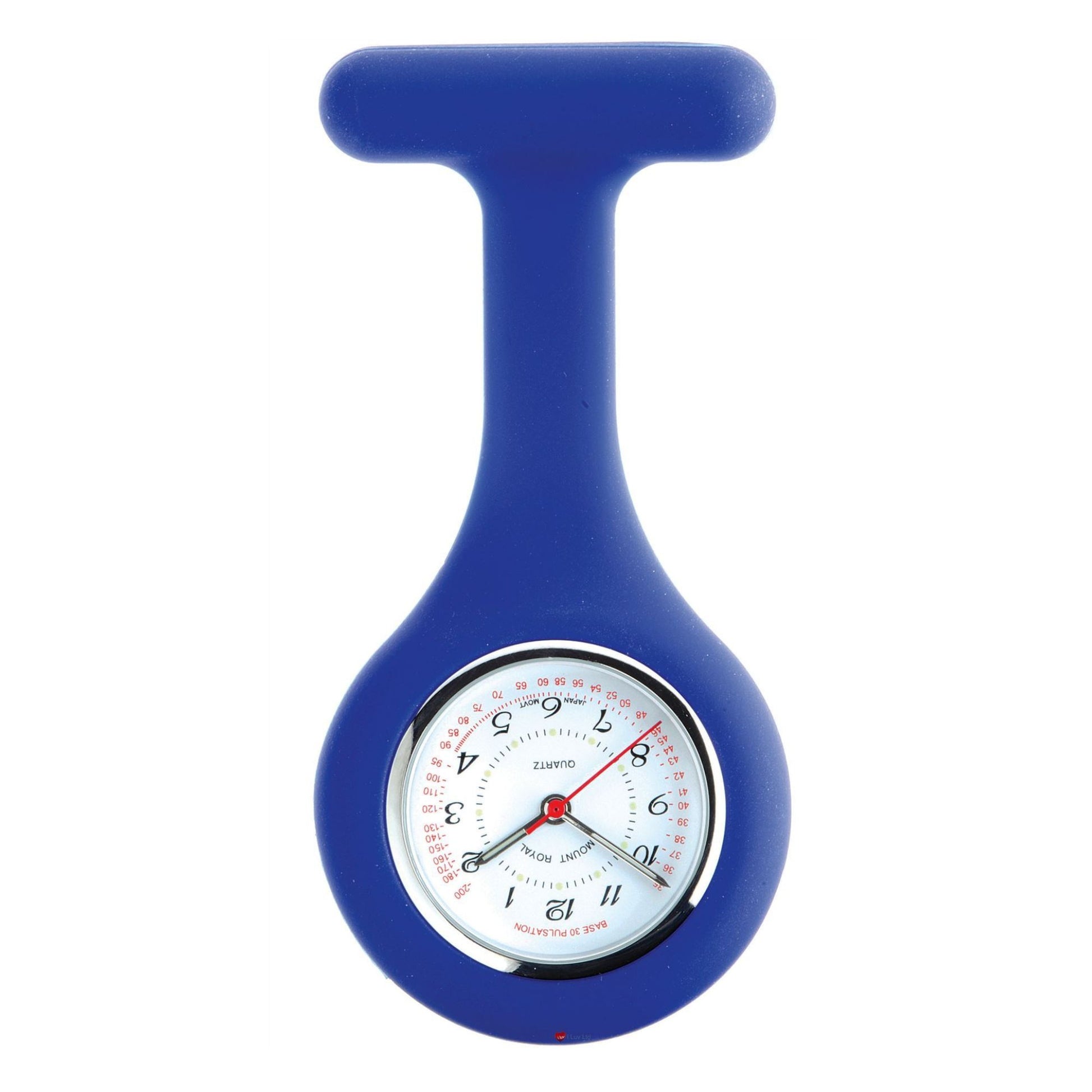 Blue fob watch with a white face on a white background
