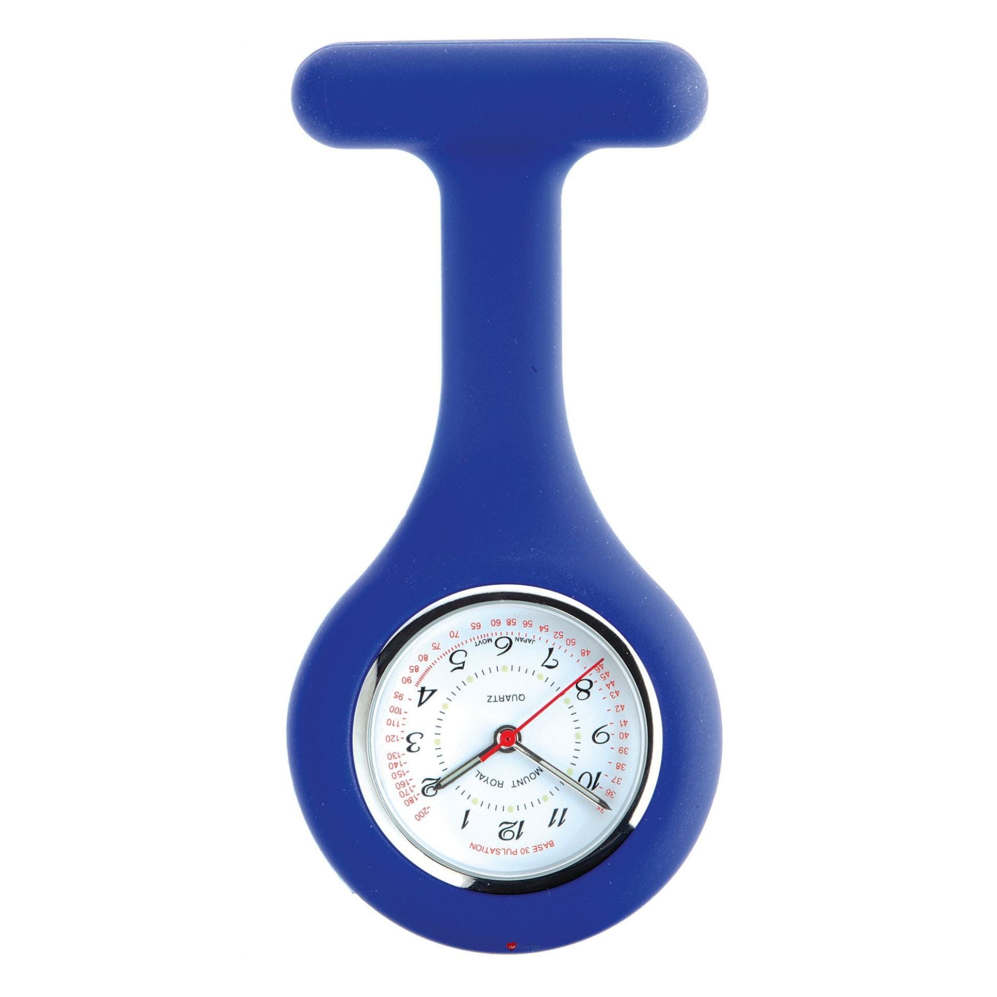 Blue fob watch with a white face on a white background