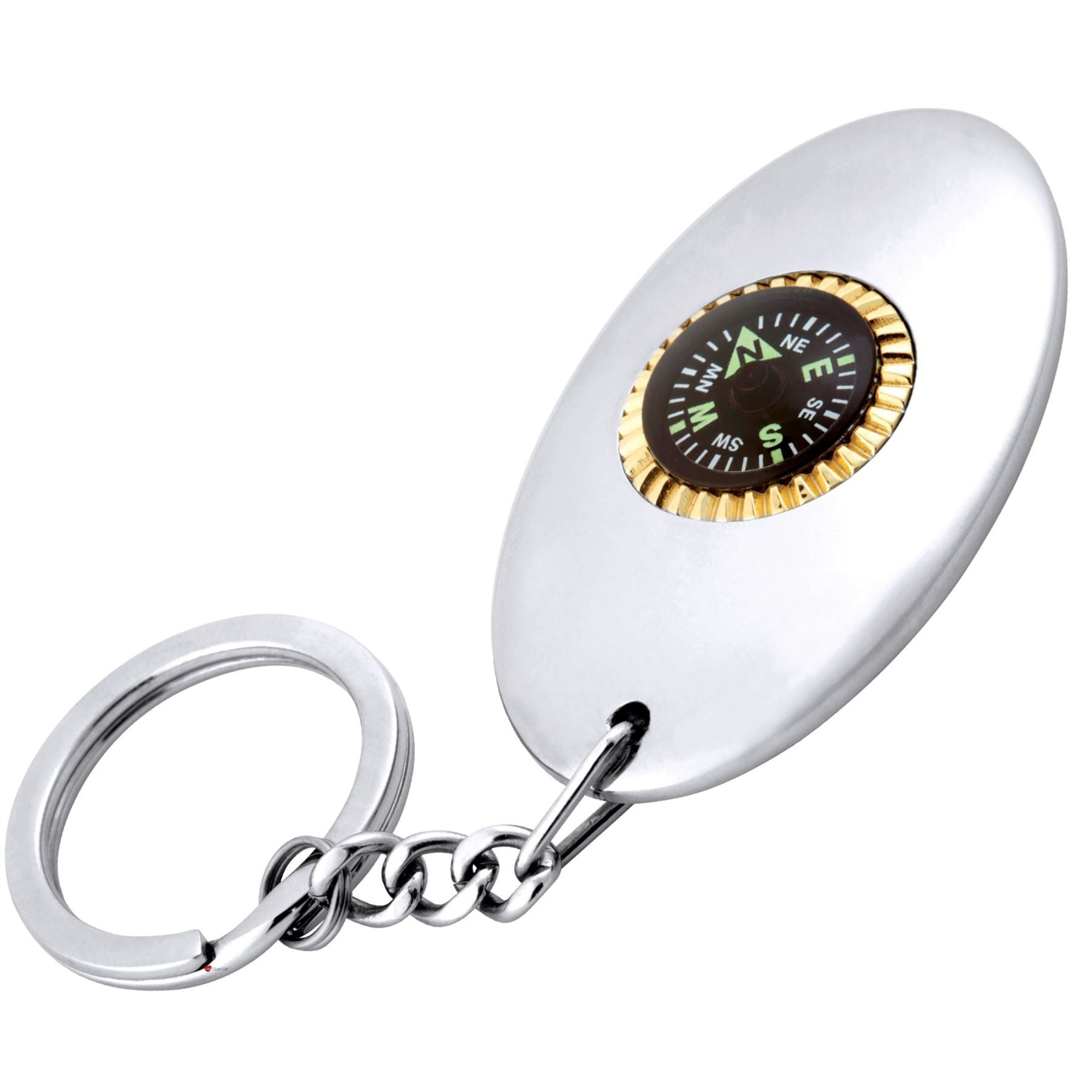 White keychain with a compass on a white background