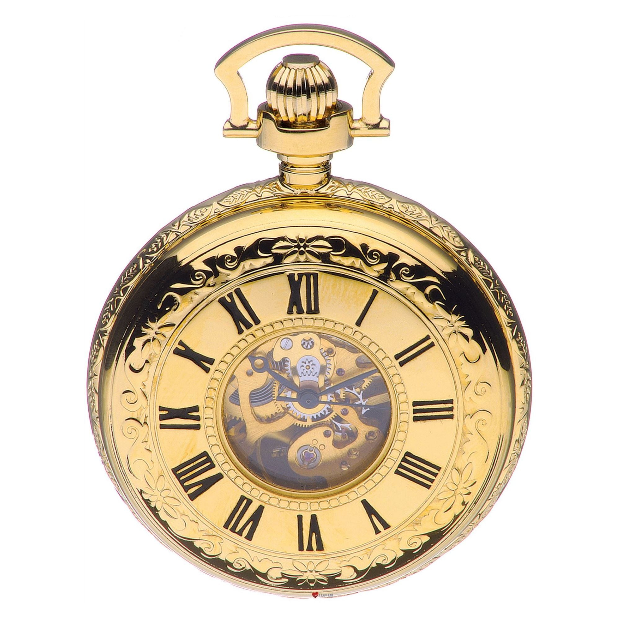 Skeleton Pocket Watch Double Half Hunter Gold Plated Very Detailed - 17 Jewel