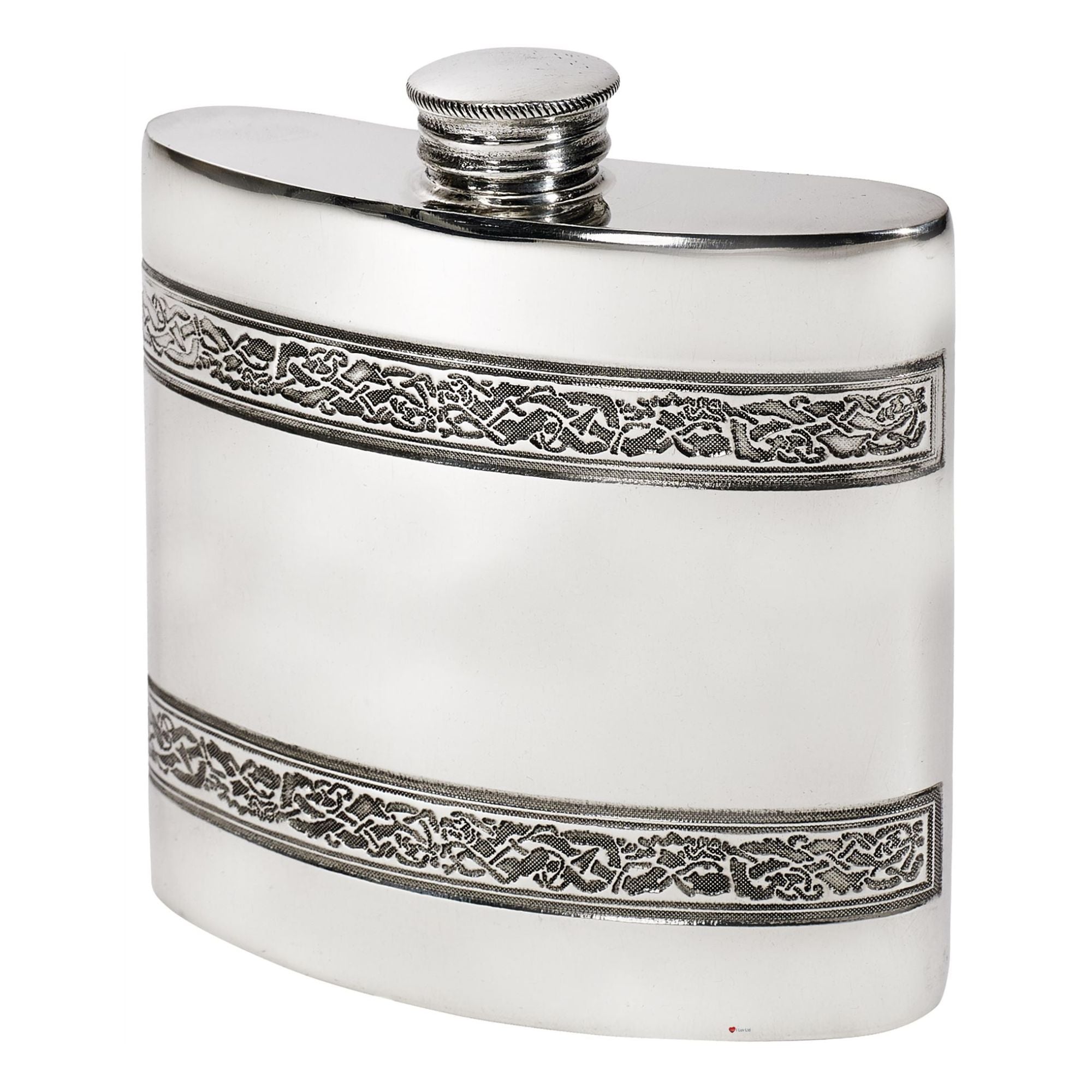 Silver hip flask with intricate designs on a white background