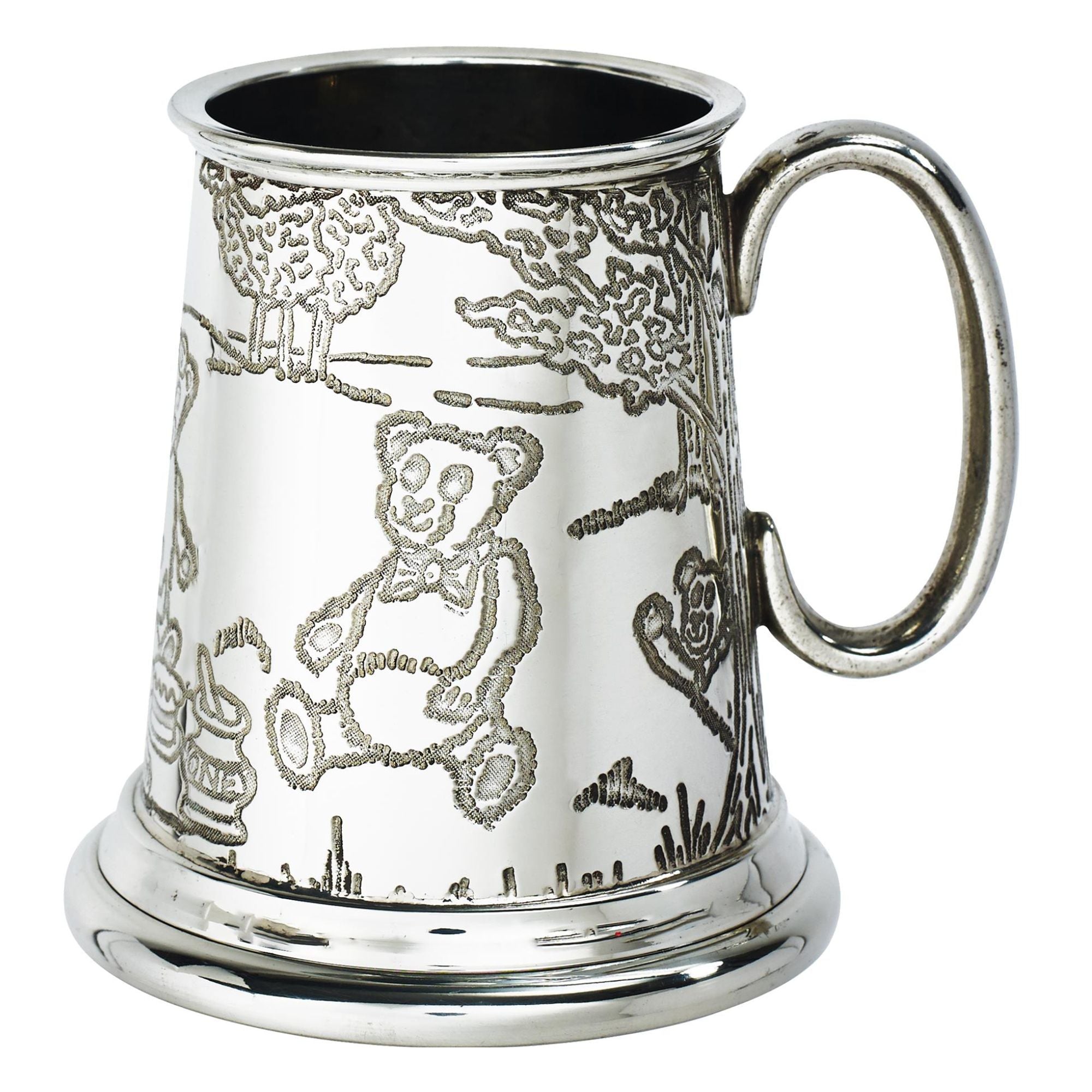 Silver tankard with engraved teddy bear design on a white background