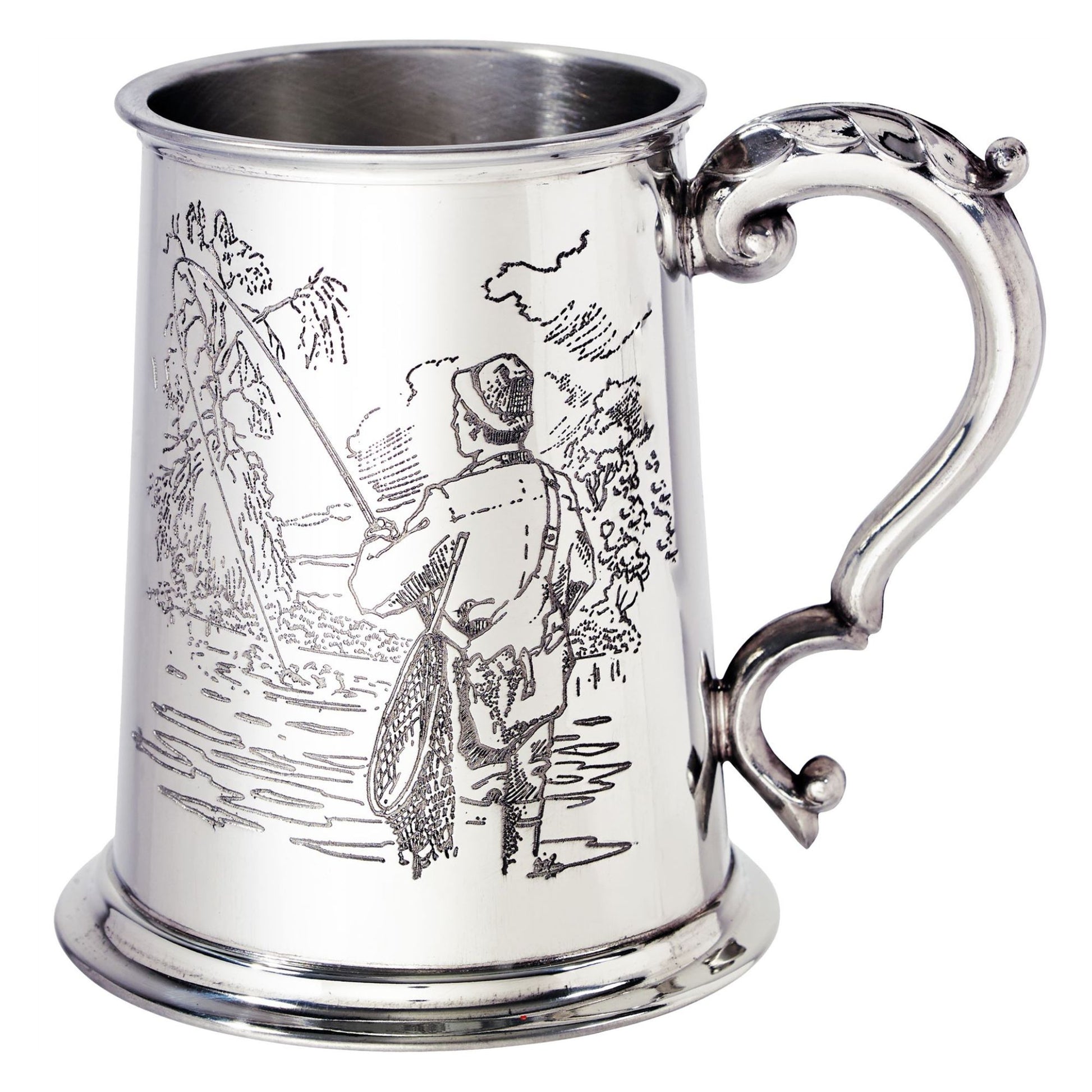Silver tankard with engraved design on a white background