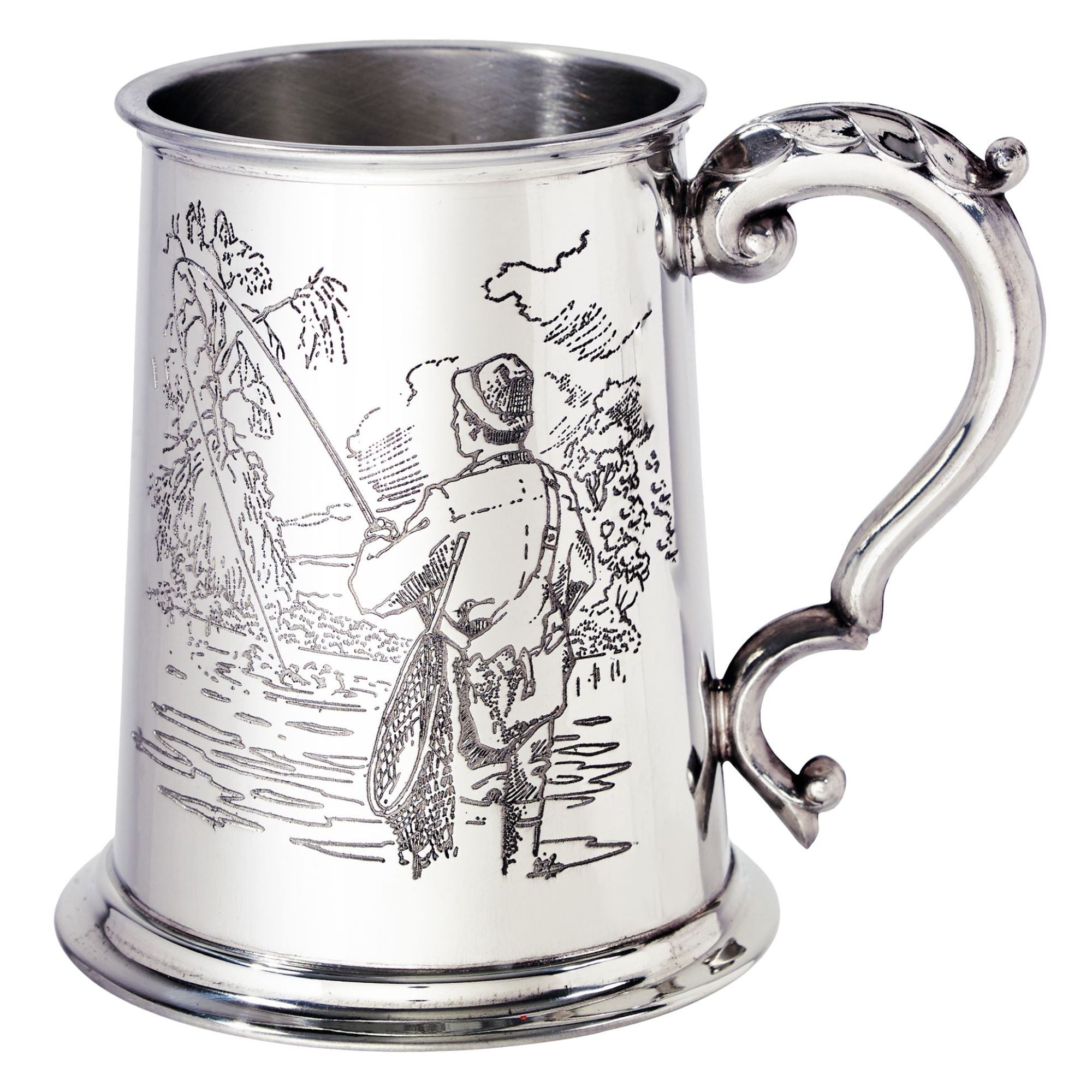 Silver tankard with engraved design on a white background