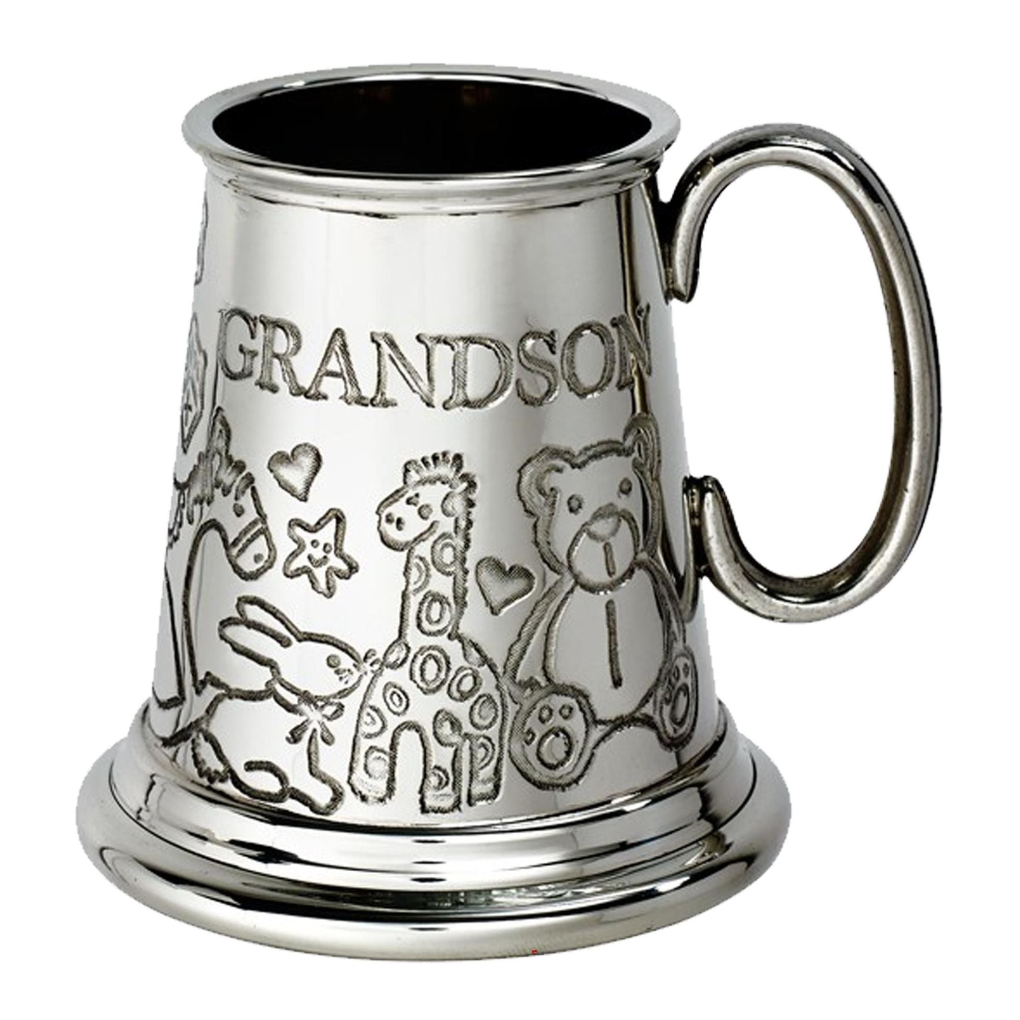 Silver tankard with engraved designs and 'GRANDSON' text on a white background