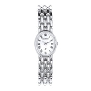 Silver watch with white face and Roman numerals on a white background