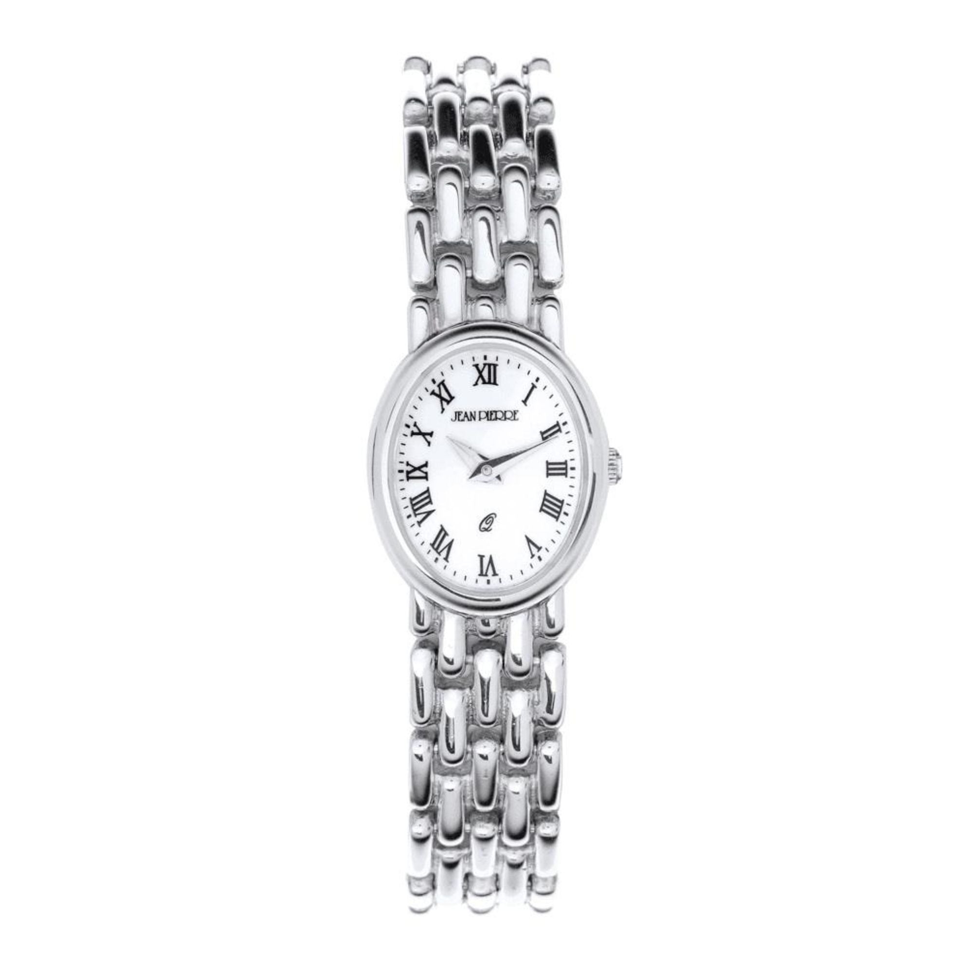 Silver watch with white face and Roman numerals on a white background