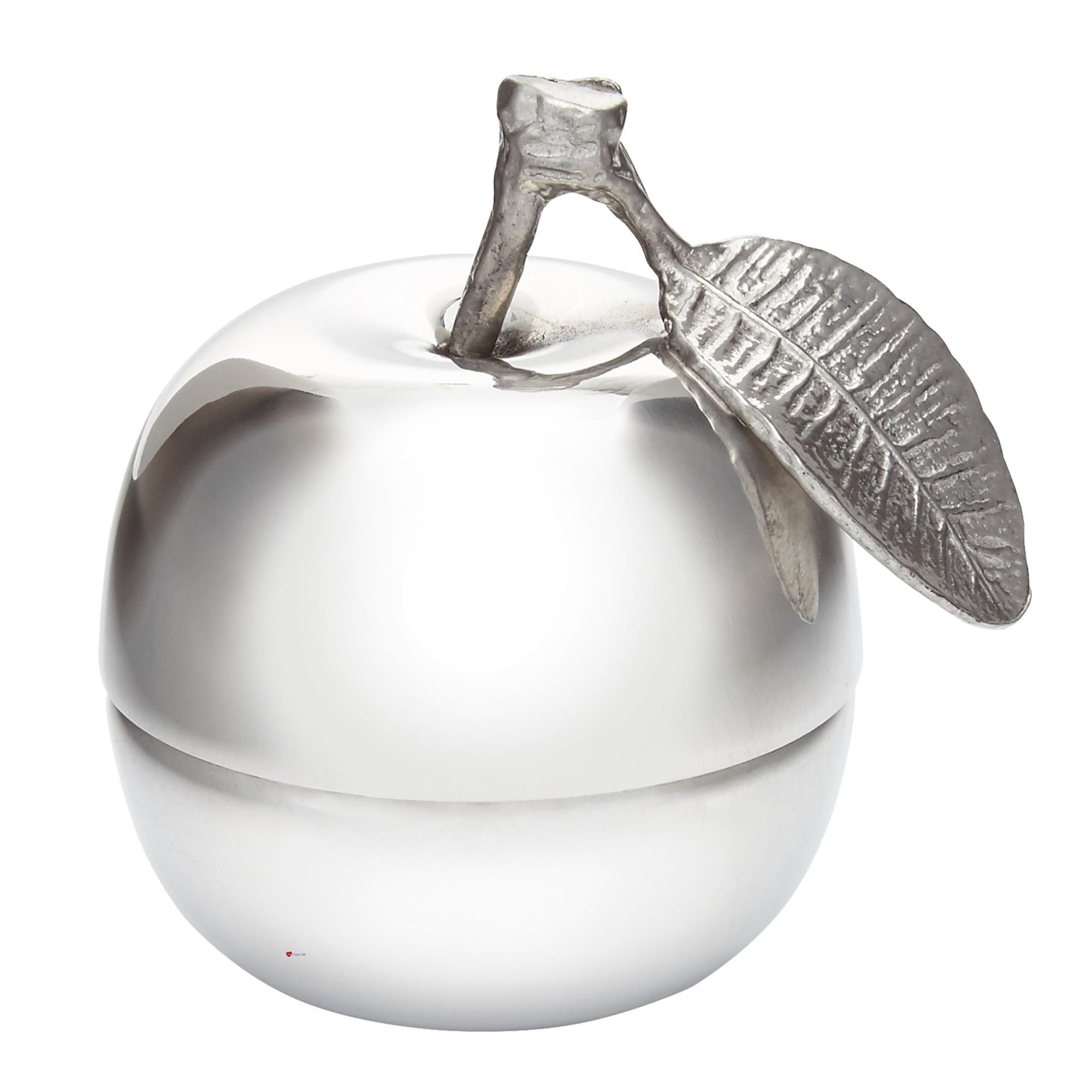 Silver apple-shaped object with a leaf on a white background