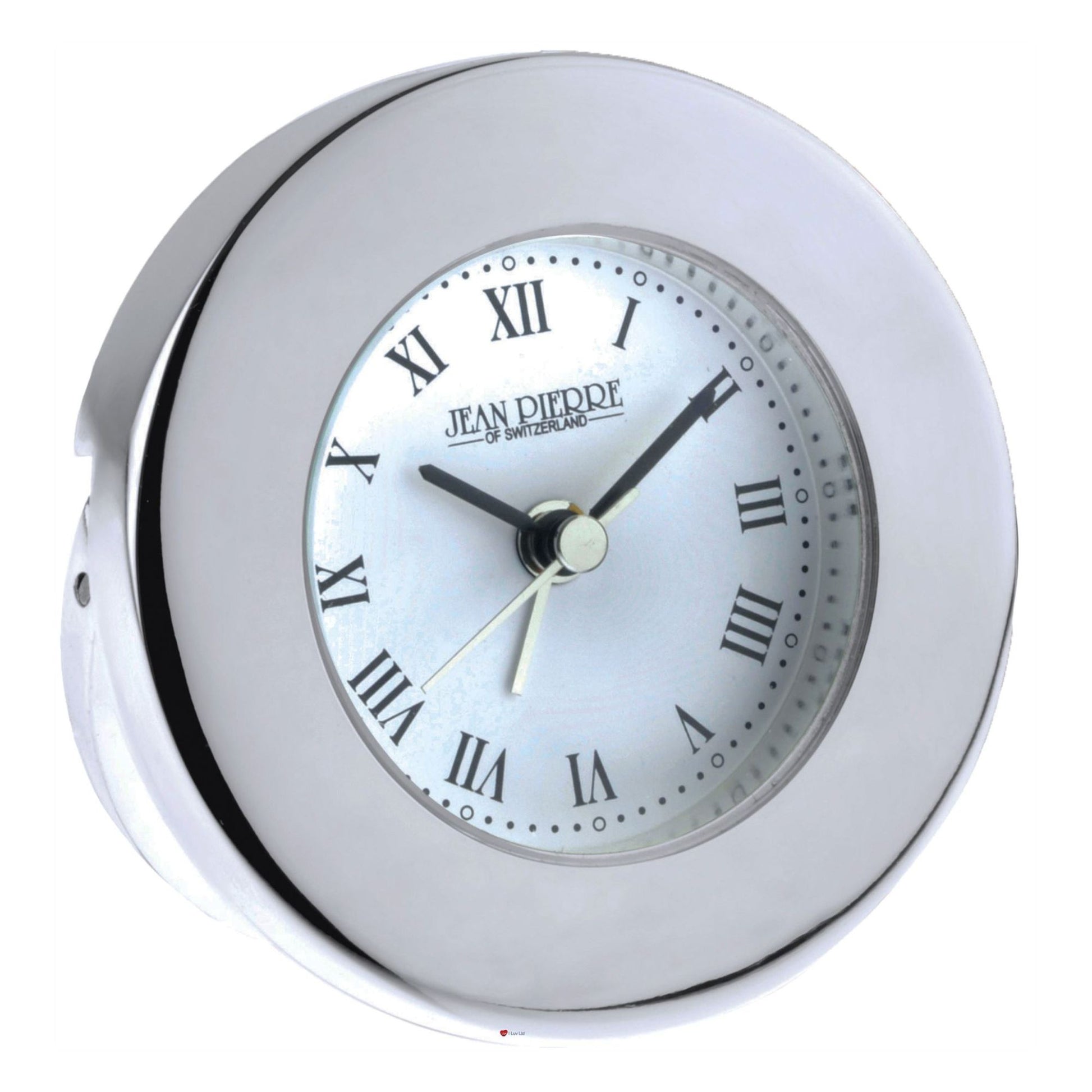 Round clock with silver rim and white face displaying Roman numerals on a white background.