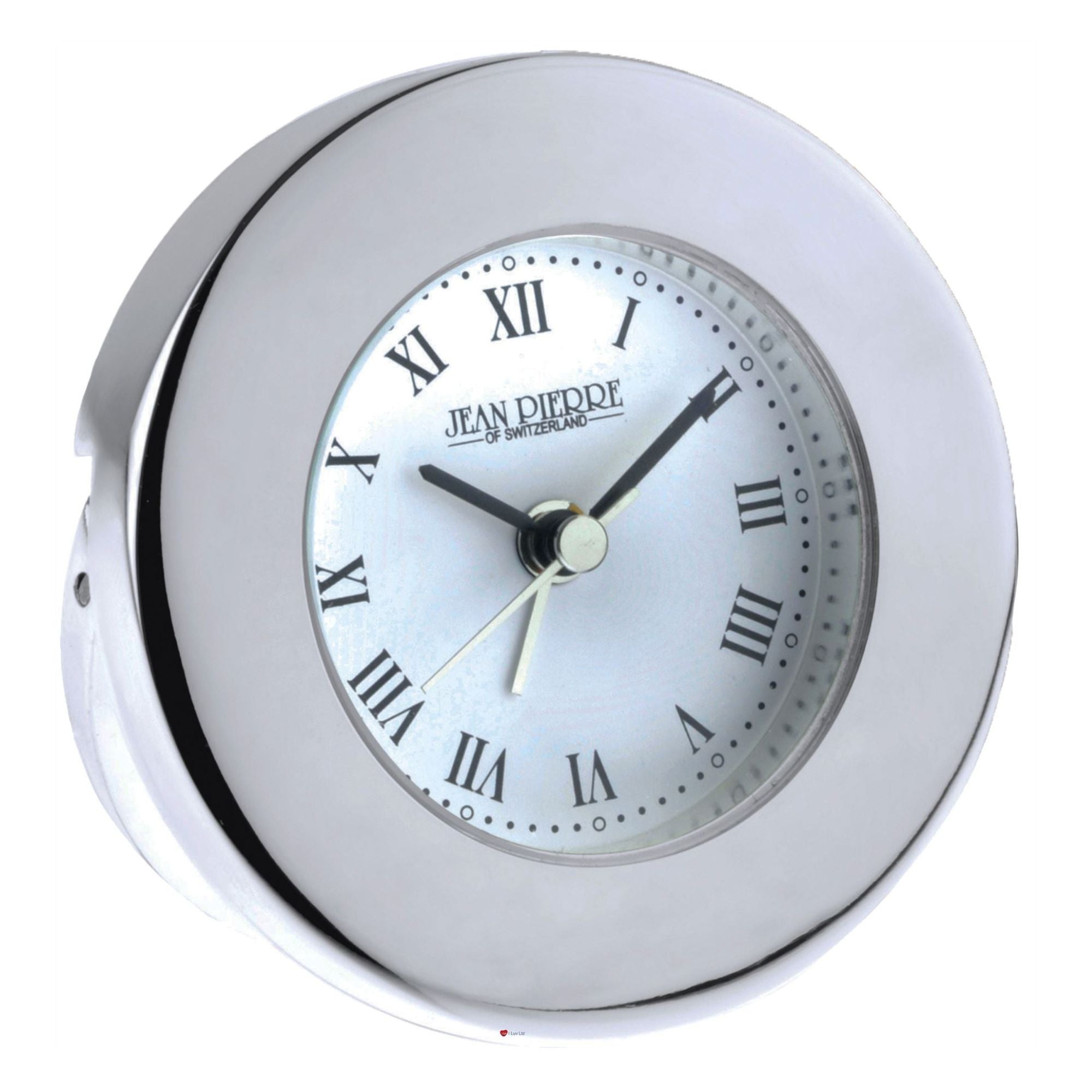 Round clock with silver rim and white face displaying Roman numerals on a white background.
