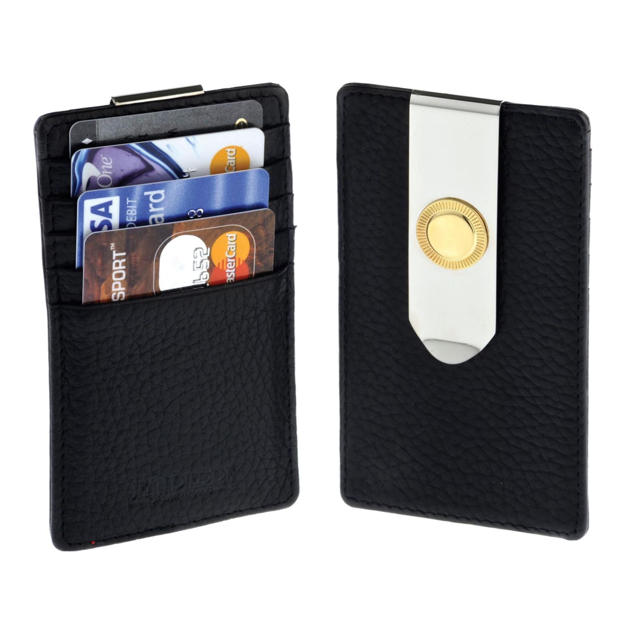 Black cardholder with credit cards and a metal clip on a white background