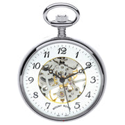 Skeleton Open Face Pocket Watch Chrome Plated Albert Chain 17 Jewel Mechanical