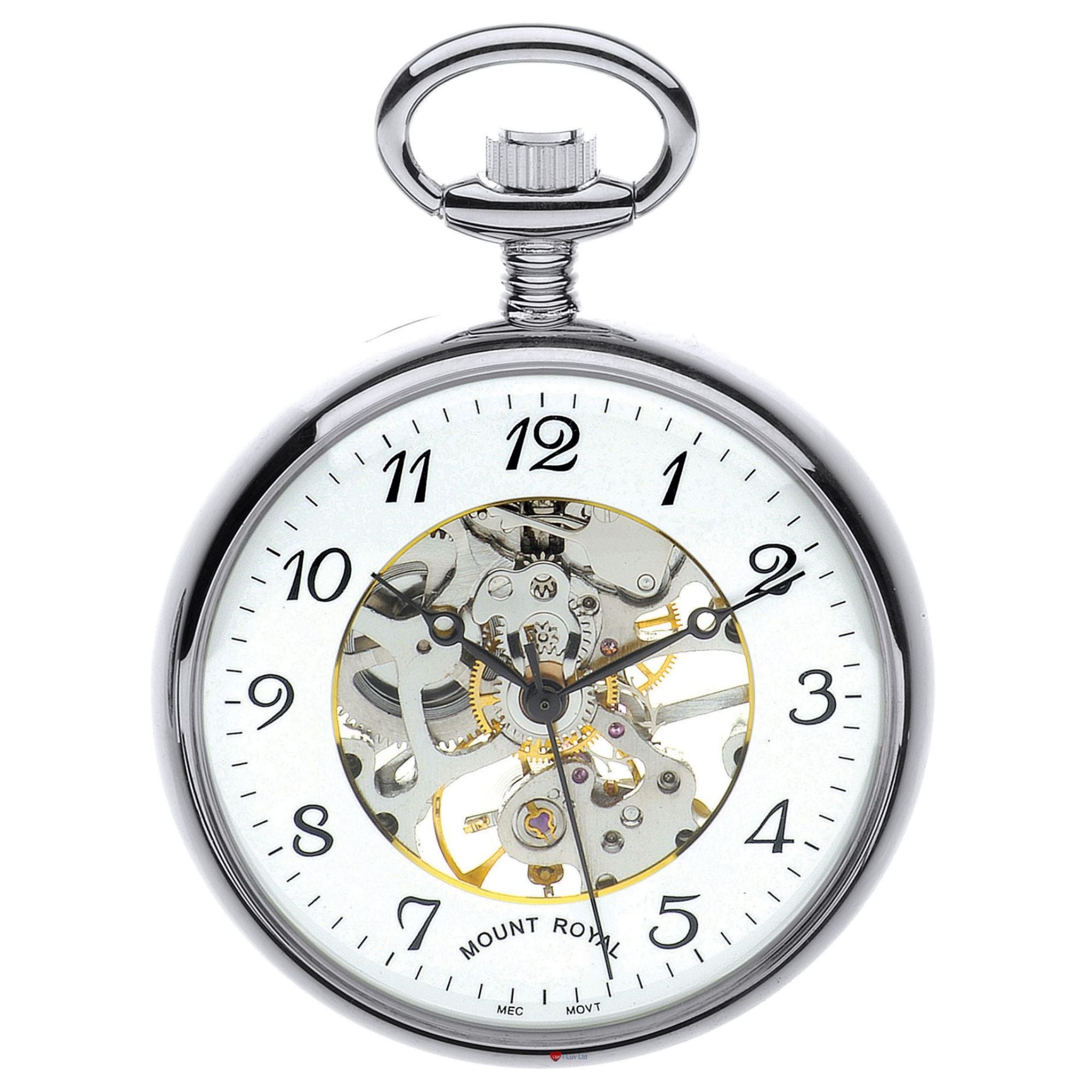 Skeleton Open Face Pocket Watch Chrome Plated Albert Chain 17 Jewel Mechanical