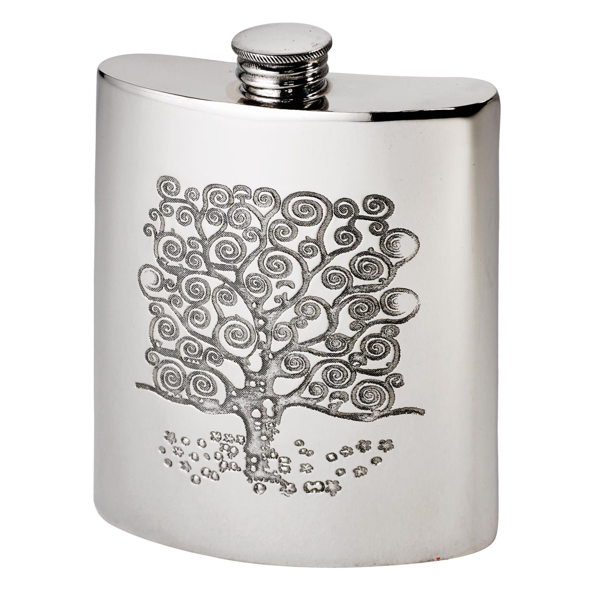 Silver hip flask with tree design on a white background