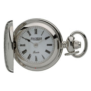 Silver pocket watch with white face and black Roman numerals on a white background