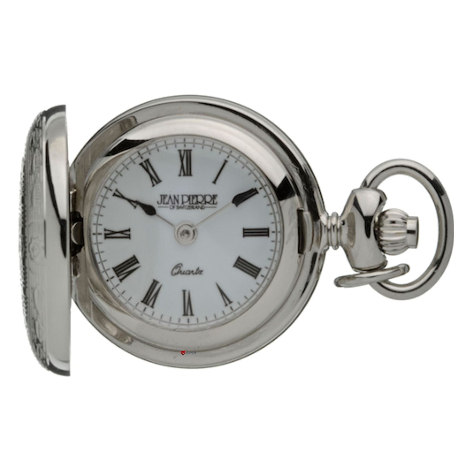 Silver pocket watch with white face and black Roman numerals on a white background