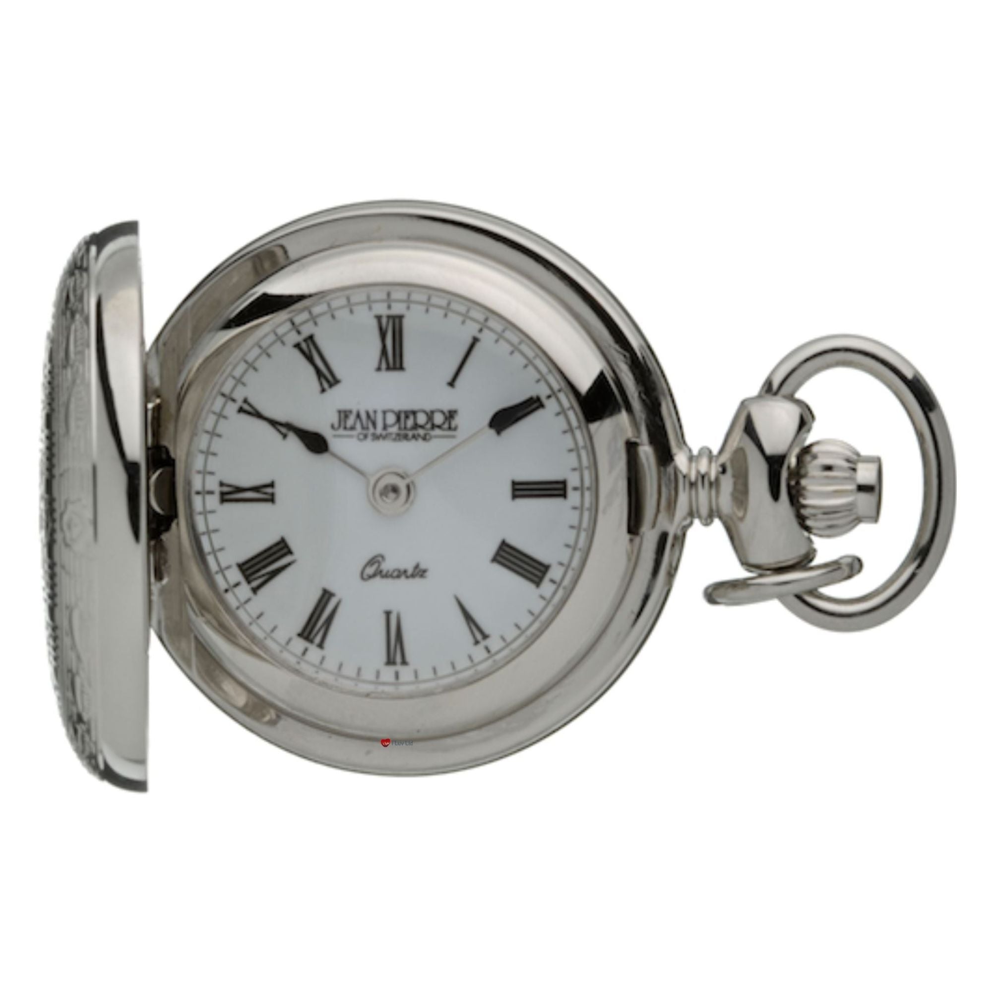 Silver pocket watch with white face and black Roman numerals on a white background