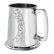Silver tankard with embossed design on a white background