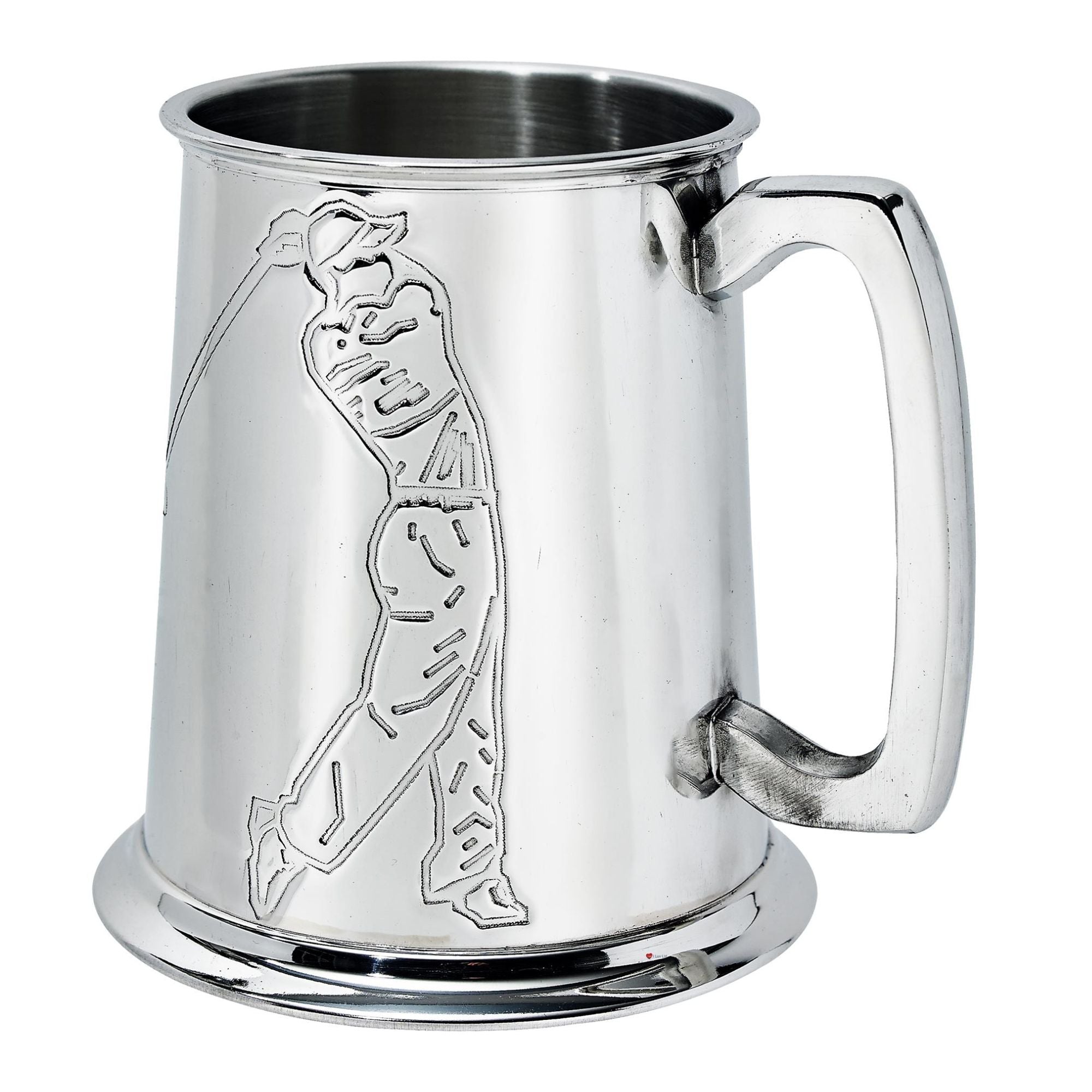 Silver tankard with embossed design on a white background
