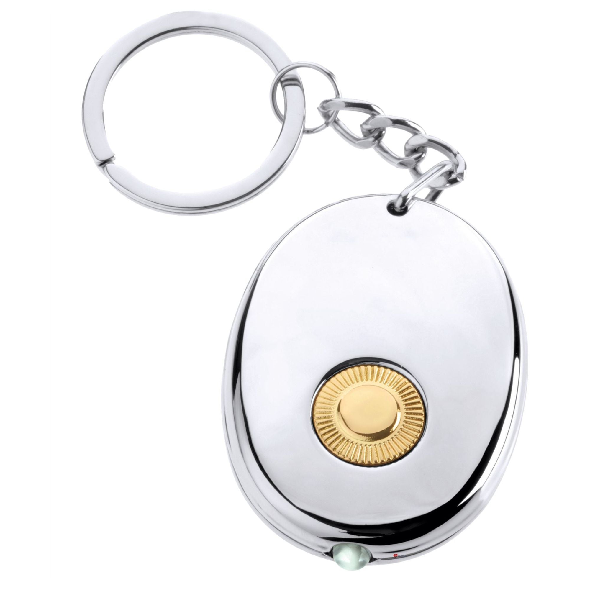 Silver keychain with a gold button on a white background