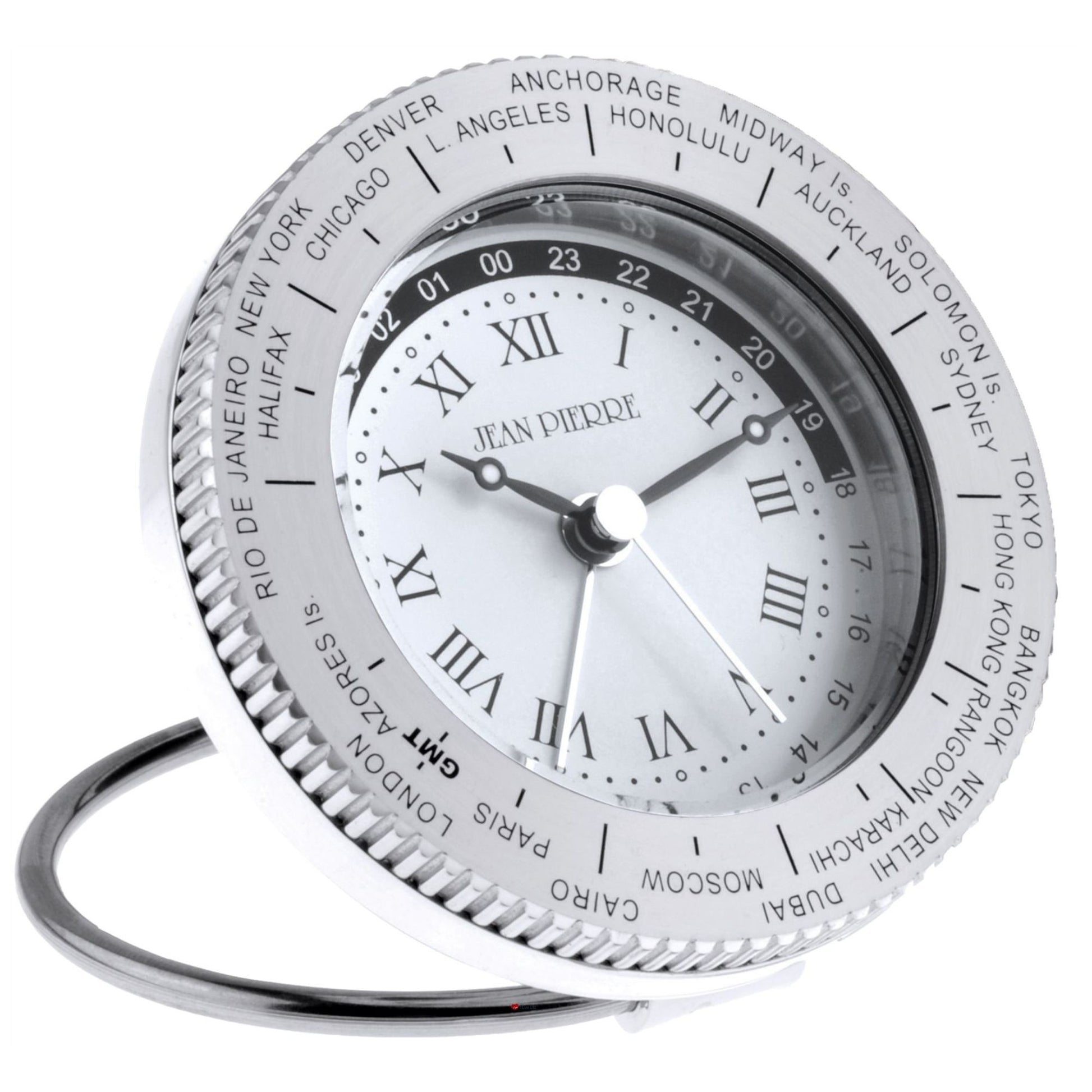 Decorative clock with world time display on a white background