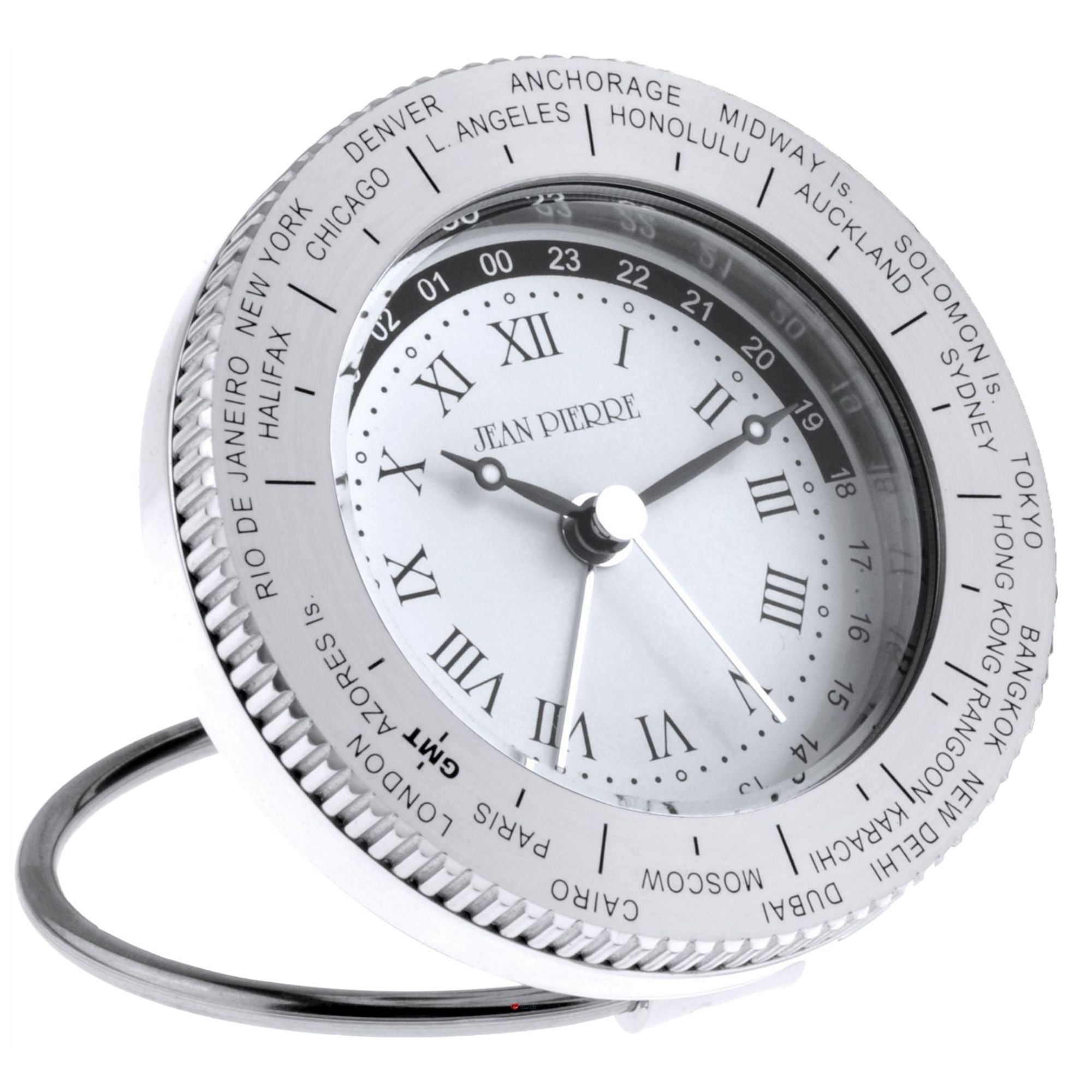 Decorative clock with world time display on a white background