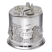 Silver money box with engraved scenes and characters on a white background