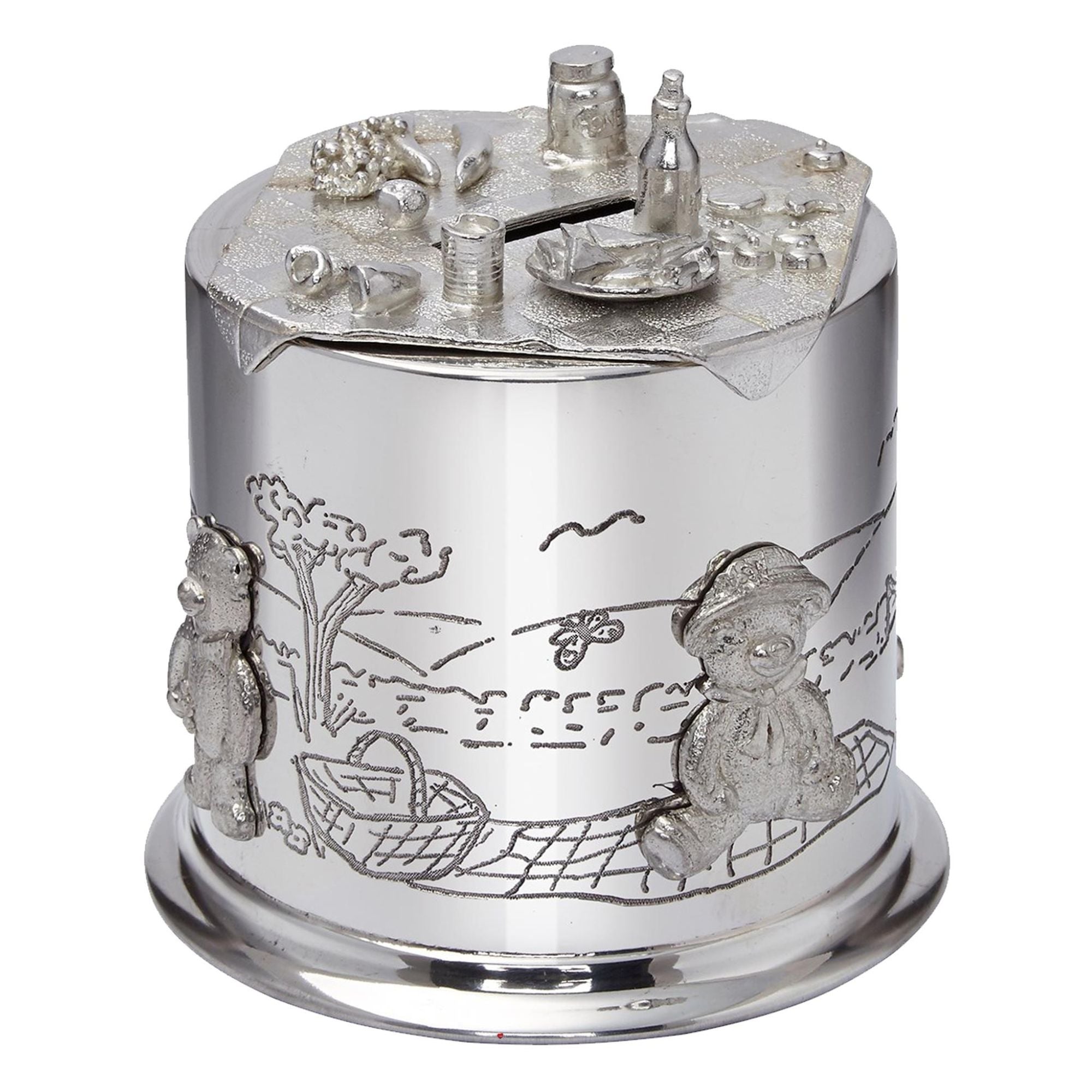 Silver money box with engraved scenes and characters on a white background