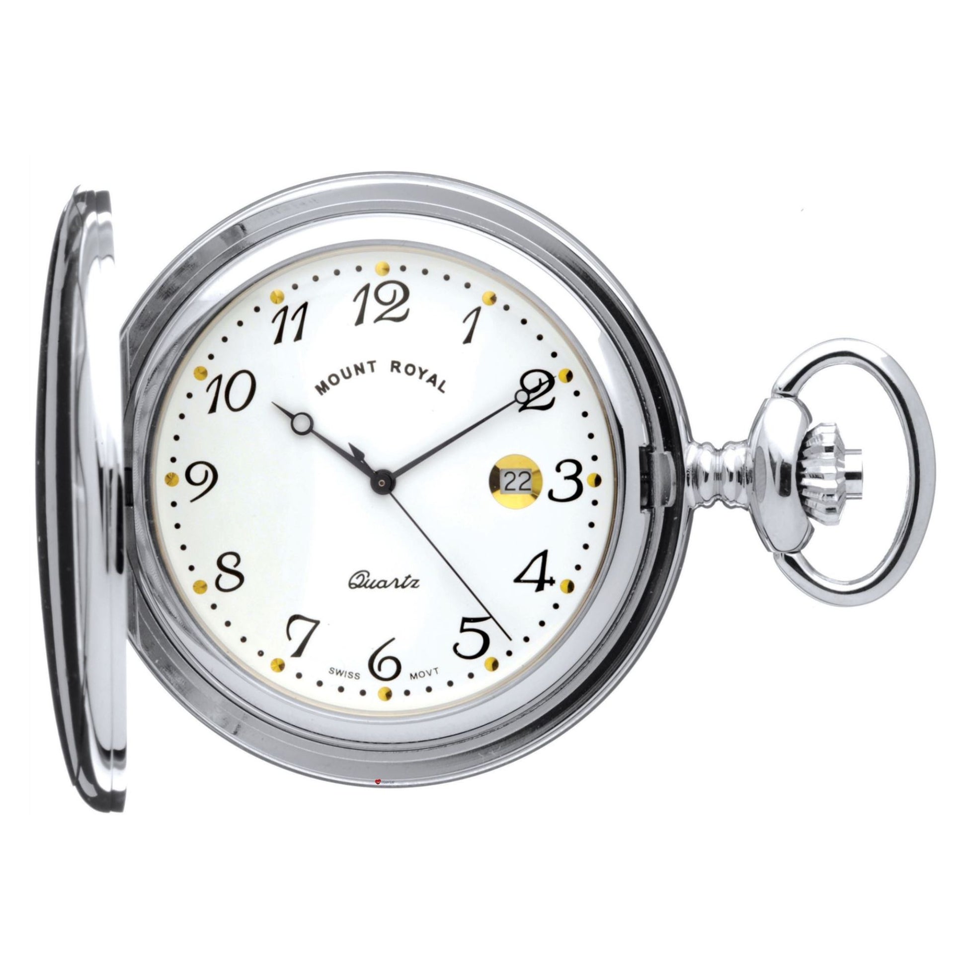 Silver pocket watch with white face on a white background
