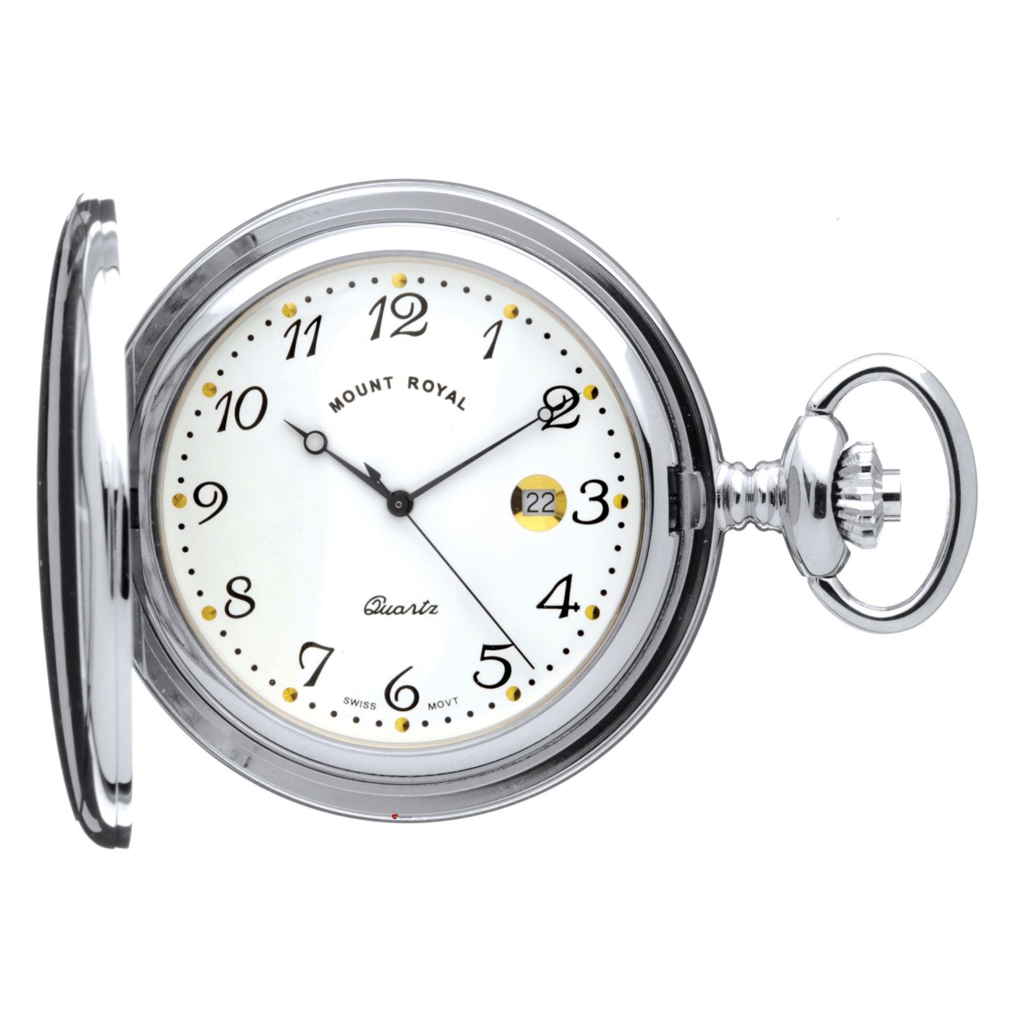 Silver pocket watch with white face on a white background