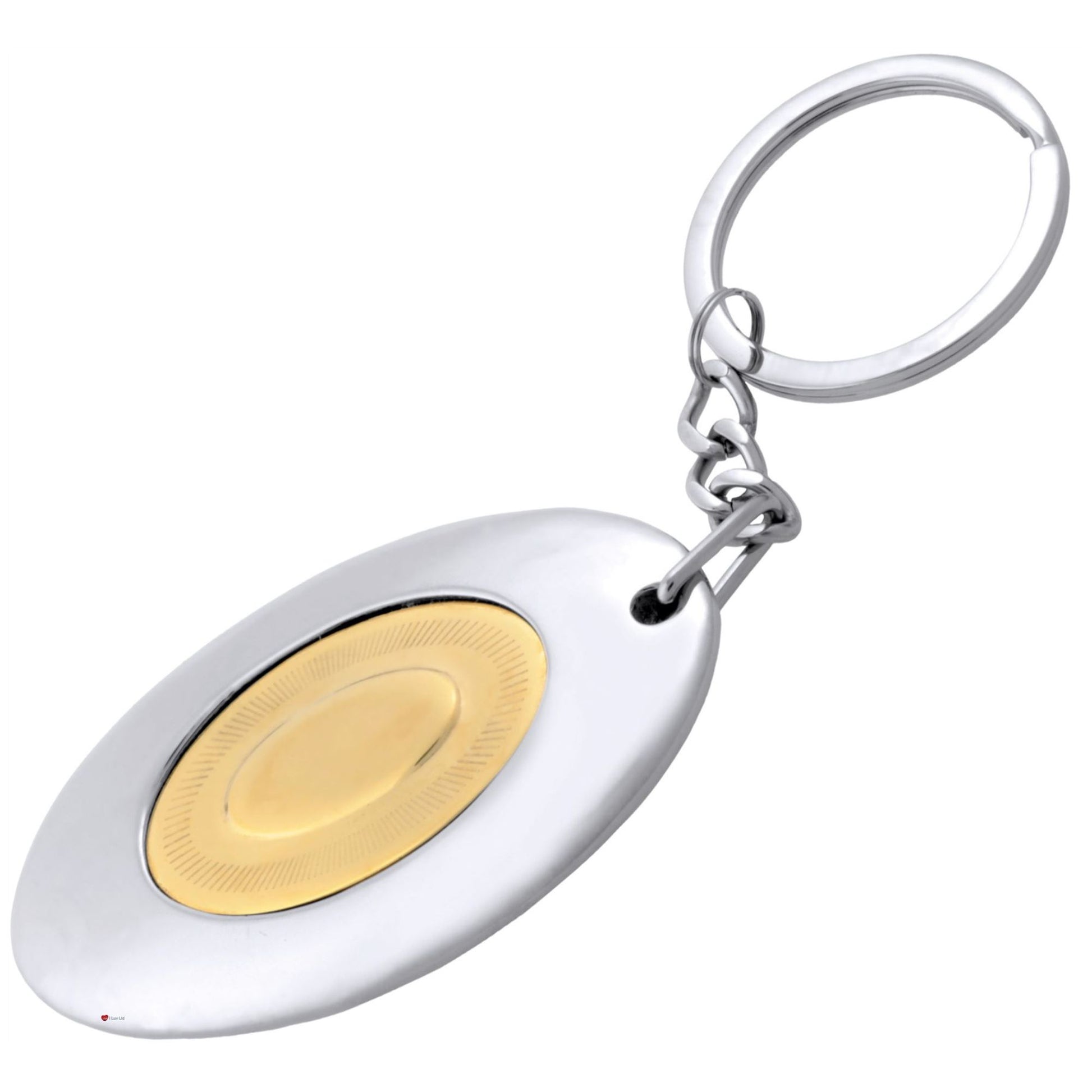 Keychain with a white oval-shaped key fob and gold accent on a white background