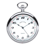Silver pocket watch with white face on a white background