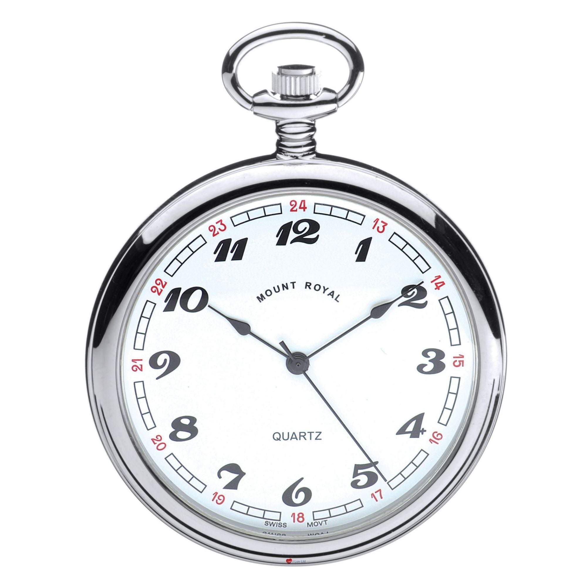 Silver pocket watch with white face on a white background