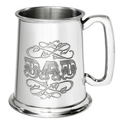 Silver tankard with 'DAD' engraving on a white background