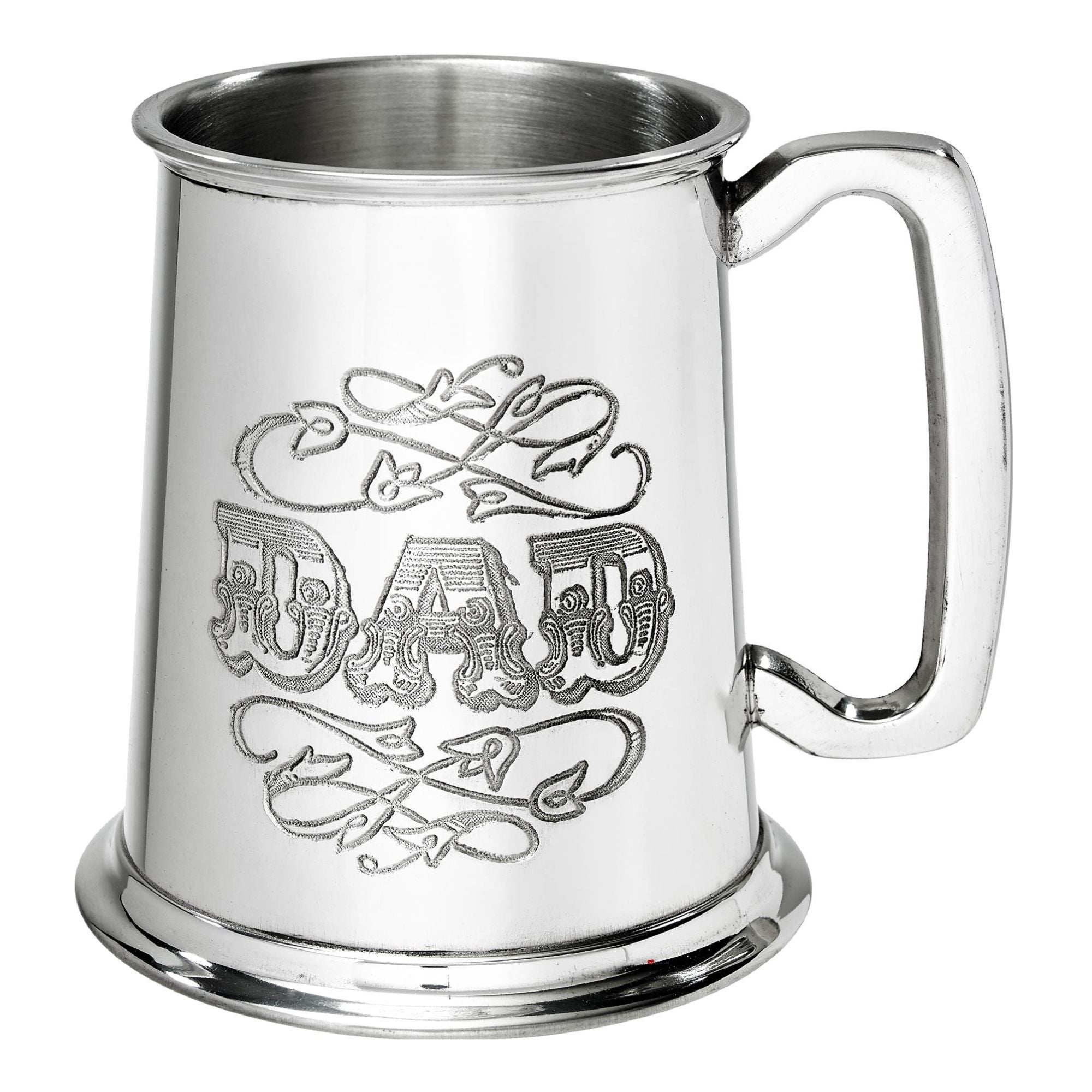Silver tankard with 'DAD' engraving on a white background