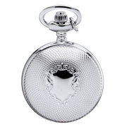 Silver pocket watch with detailed design on a white background