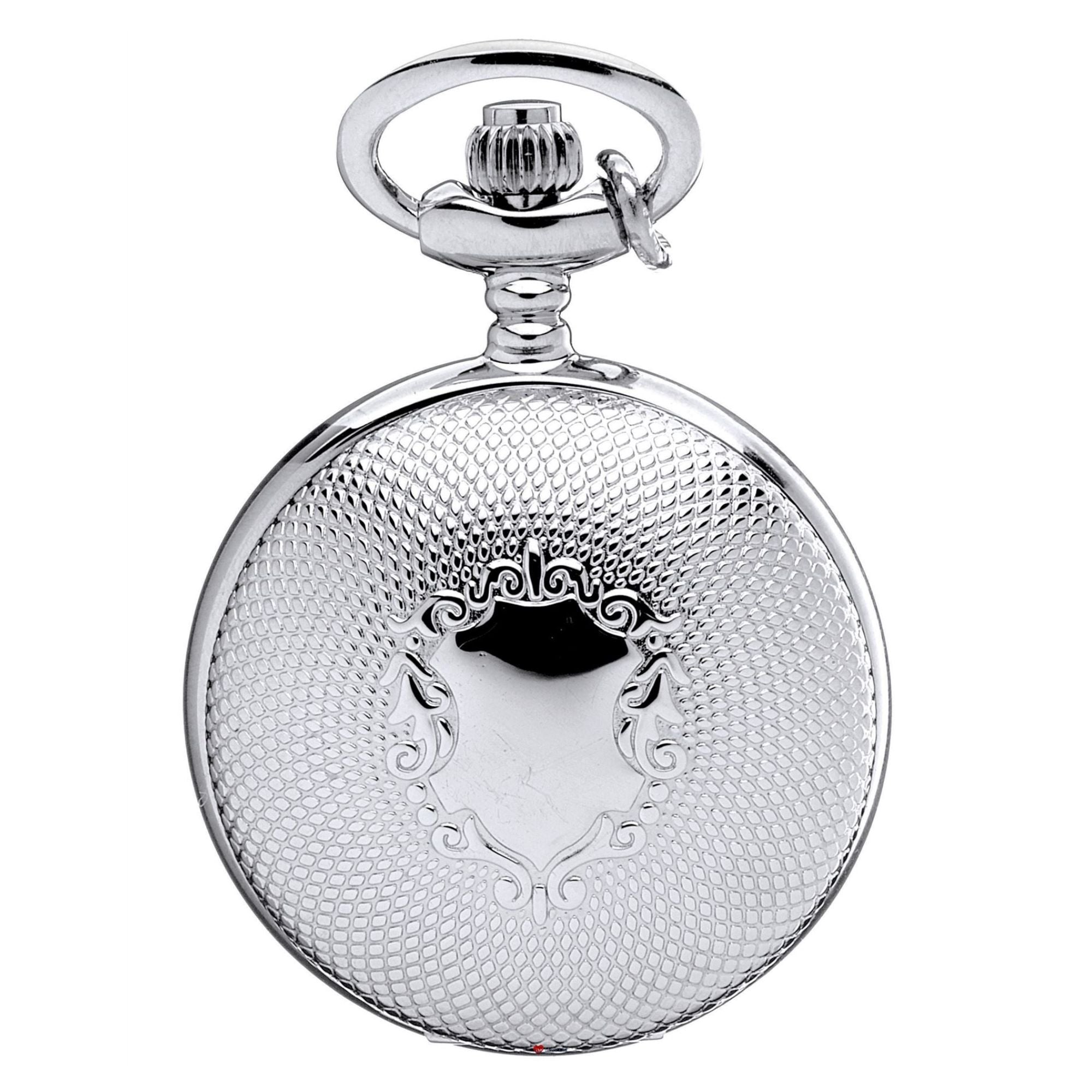 Silver pocket watch with detailed design on a white background