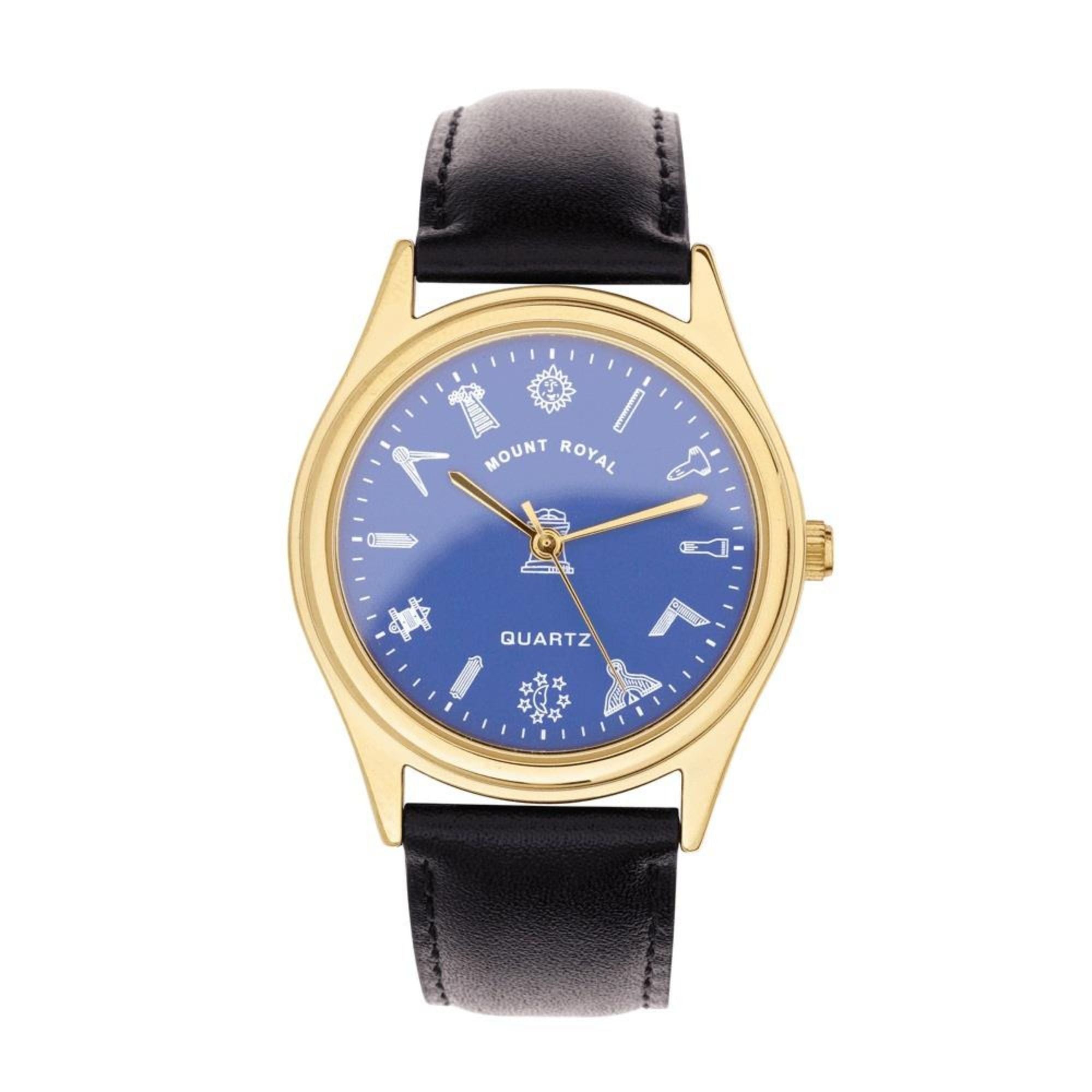 Wristwatch with blue dial and black leather strap on a white background