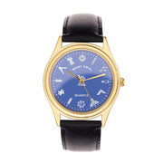 Wristwatch with blue dial and black leather strap on a white background