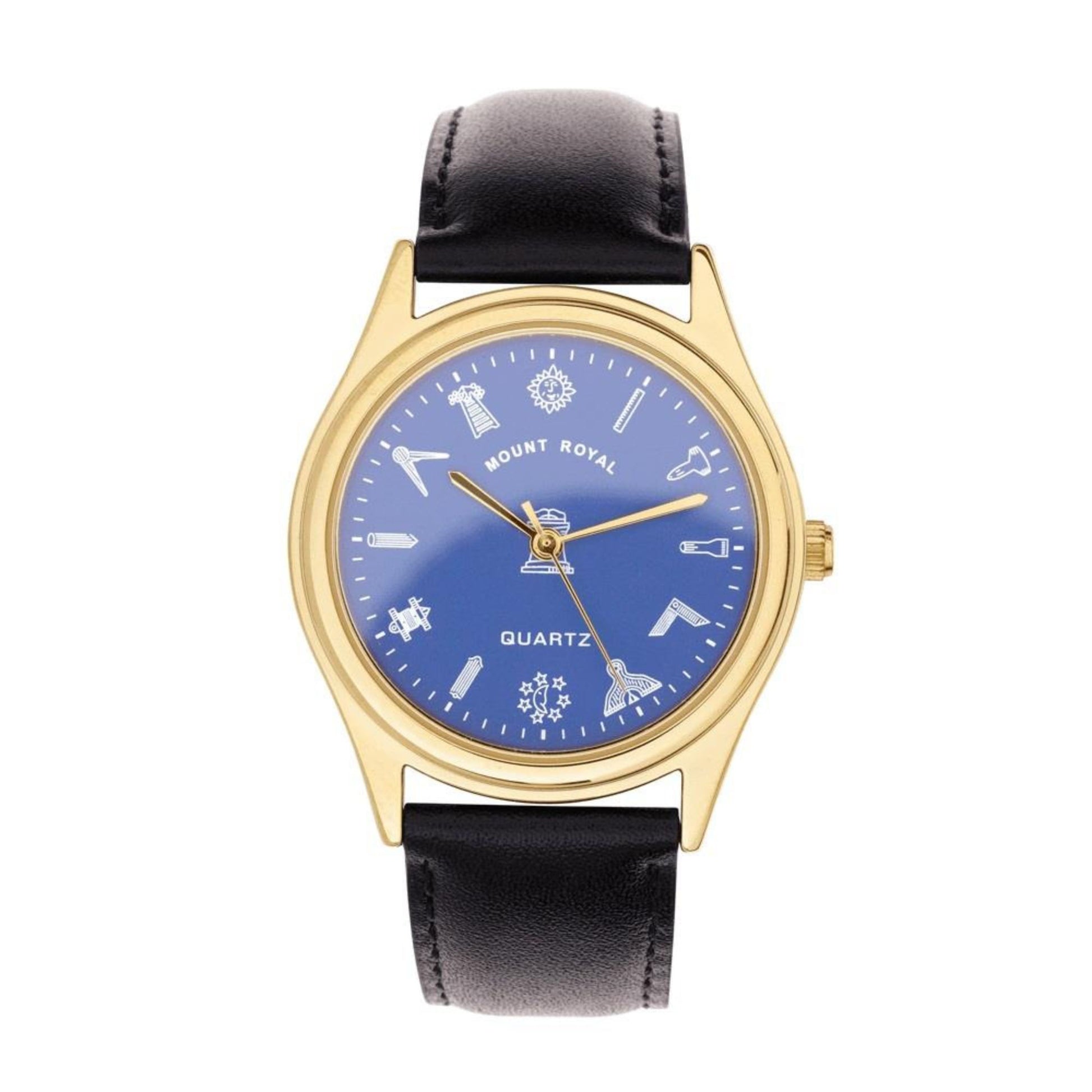 Wristwatch with blue dial and black leather strap on a white background