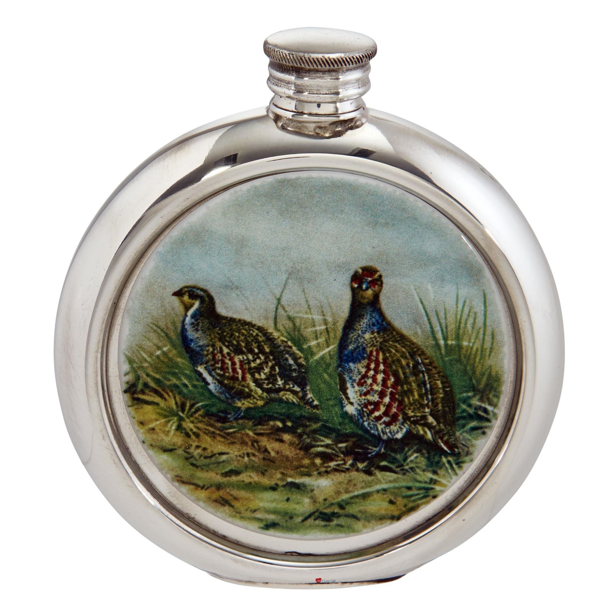 Round 6oz Pewter Hip Flask with Unique Colour Picture Partridge Polished Screw