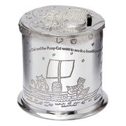 Silver container with engraved design of an owl and a pussy-cat on a boat, featuring text.