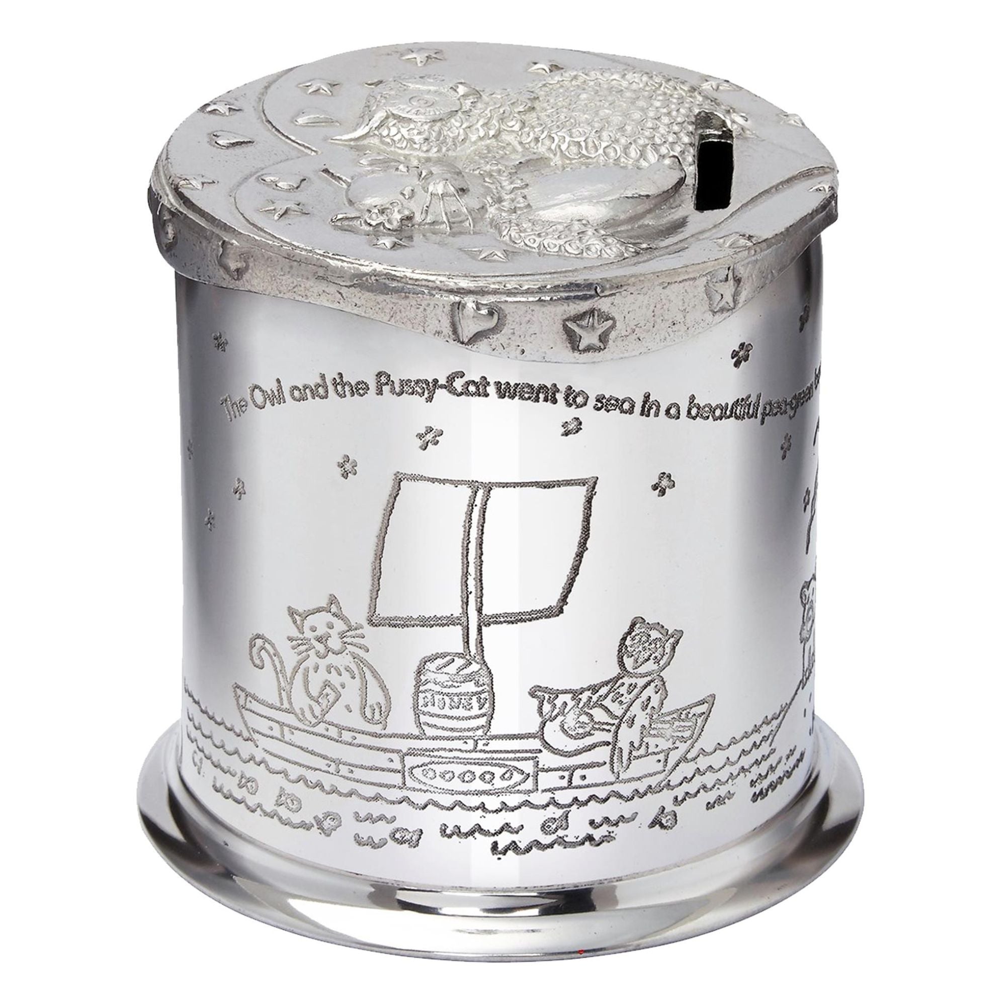 Silver container with engraved design of an owl and a pussy-cat on a boat, featuring text.