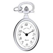 Silver pocket watch with a white face on a white background