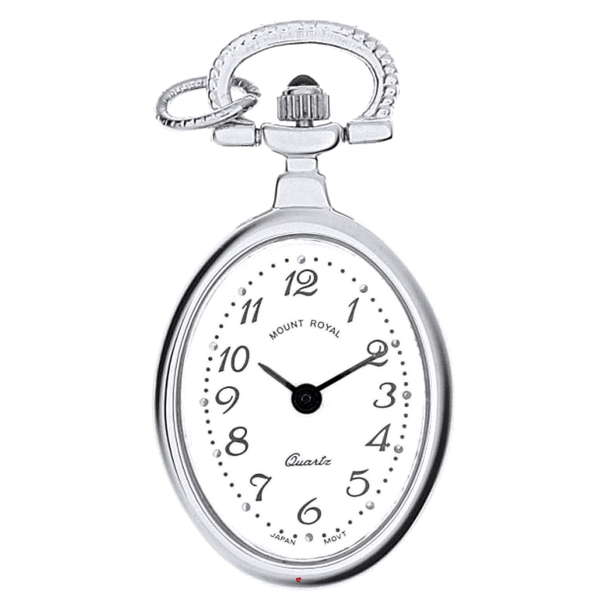 Silver pocket watch with a white face on a white background