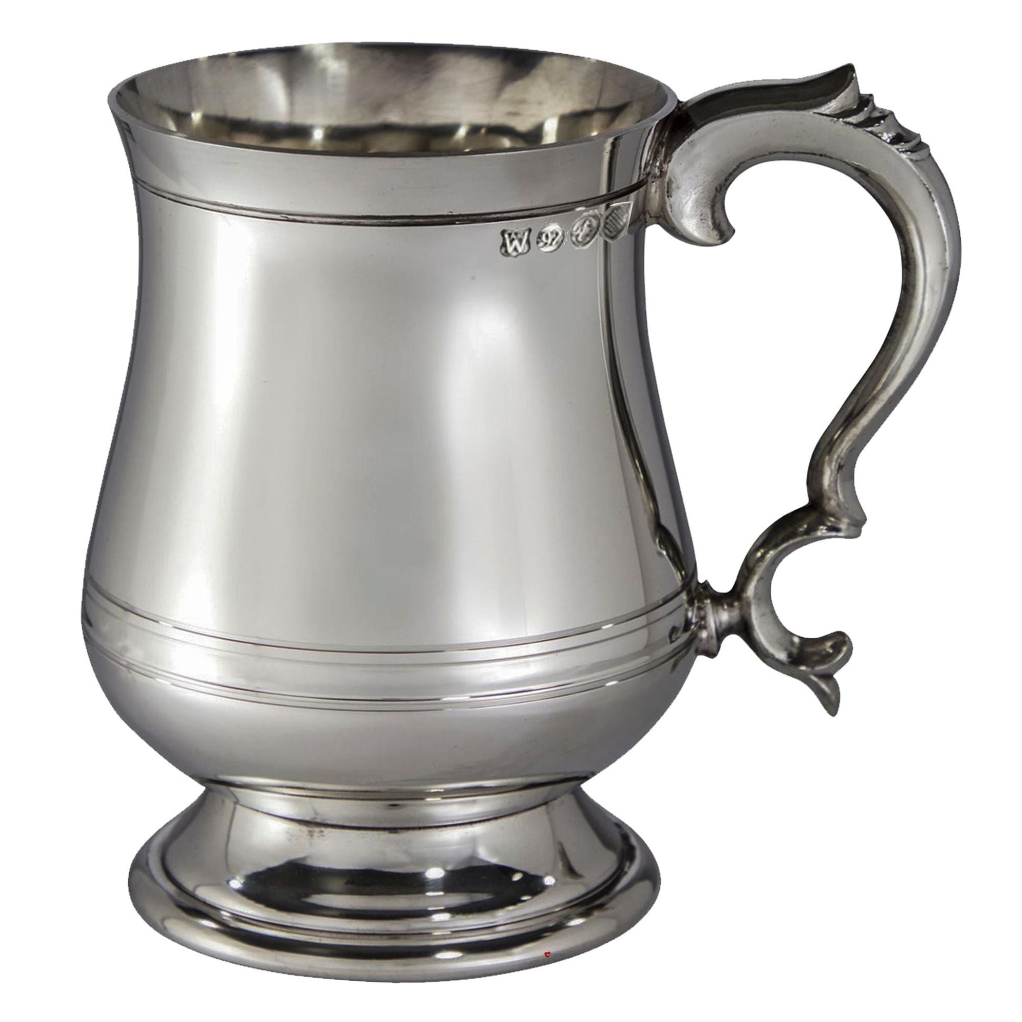 Silver tankard with a decorative handle on a white background