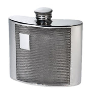 Silver hip flask with textured surface on a white background