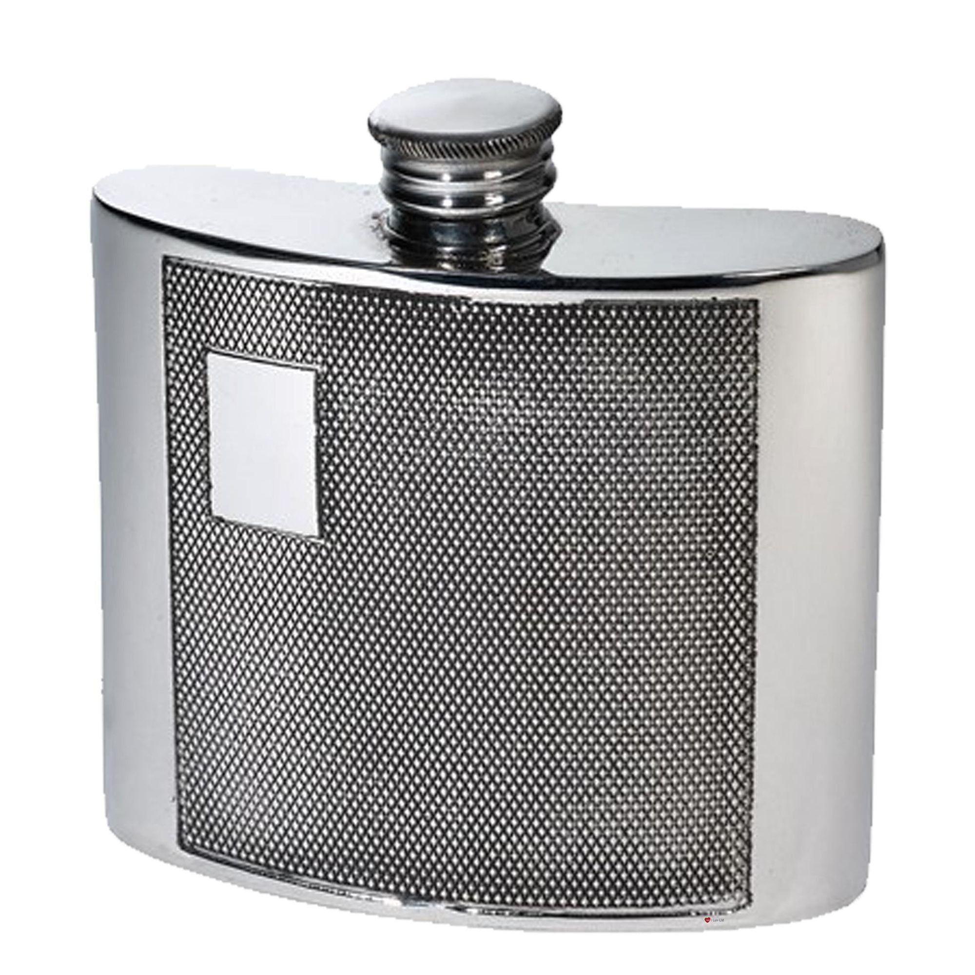 Silver hip flask with textured surface on a white background