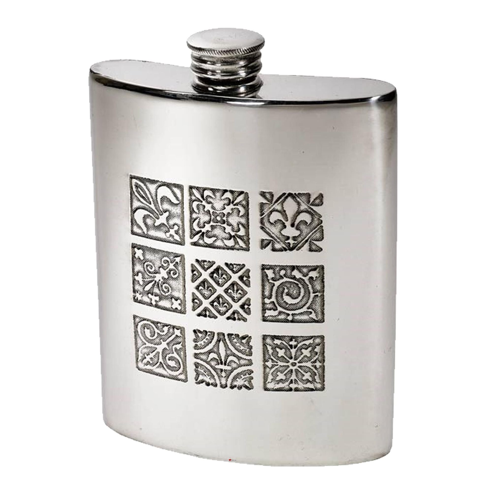Silver hip flask with decorative engravings on a white background